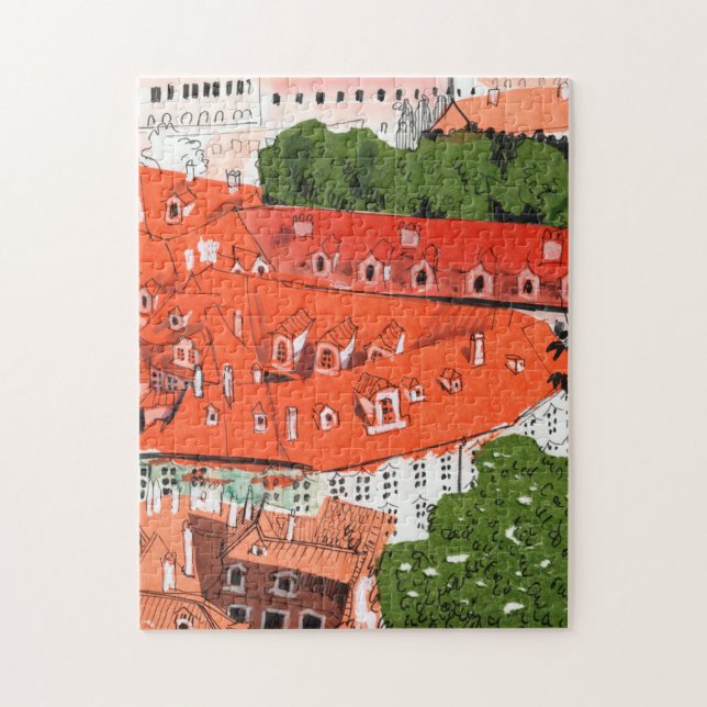 Red Roofs Prague Czech Cityscape Paper Collage Art Jigsaw Puzzle (Vertical)