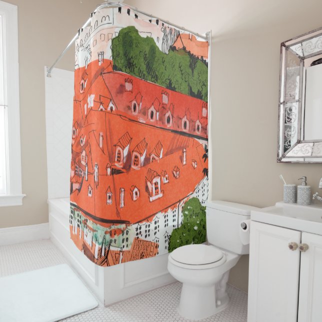 Red Roofs Prague Czech Cityscape Paper Collage Art Shower Curtain (In Situ)