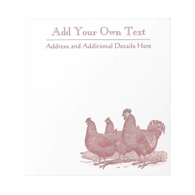 Red Rooster and Hens Plymouth Rock Chickens Farm Notepad (Front)