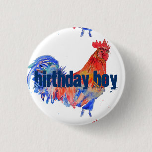 Red Rooster Blue Watercolor Birthday Boy Art  3 Cm Round Badge