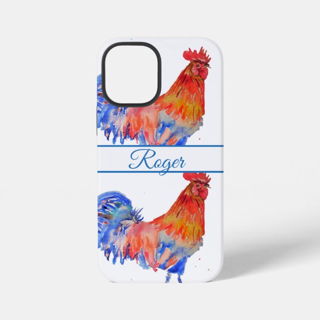 Red Rooster Blue Watercolor Mens Name Phone iPhone Case (Back)