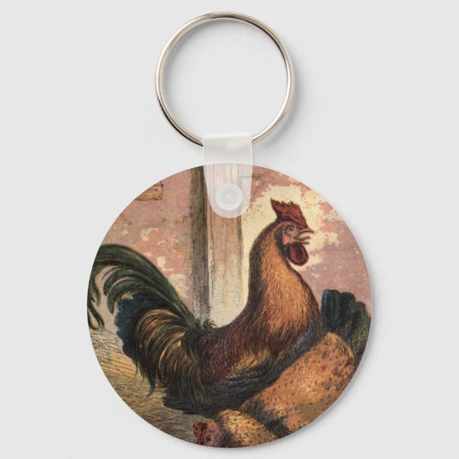 Red Rooster, Brown Hen and Baby Chicks on Straw Key Ring (Front)