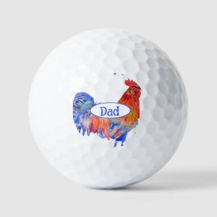 Red Rooster Chicken Blue Watercolor Painting Dad Golf Balls