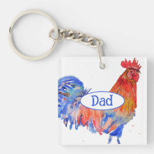 Red Rooster Chicken Blue Watercolor Painting Dad Key Ring