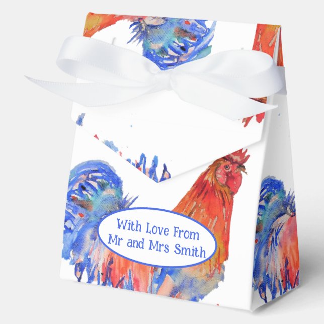 Red Rooster Chicken Blue Watercolor Wedding Favour Box (Front)