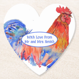 Red Rooster Chicken Blue Watercolor Wedding Paper Coaster