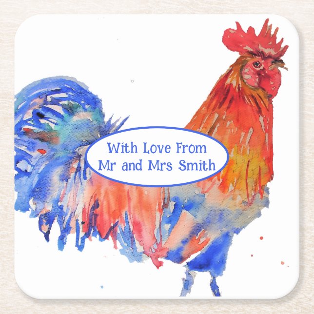 Red Rooster Chicken Blue Watercolor Wedding Square Paper Coaster (Front)