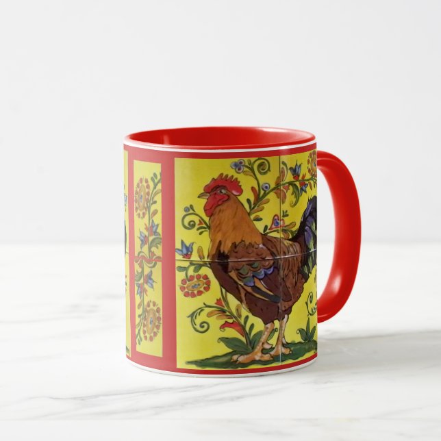 Red Rooster Chicken Folk Art Mug Yellow Floral (Front Right)