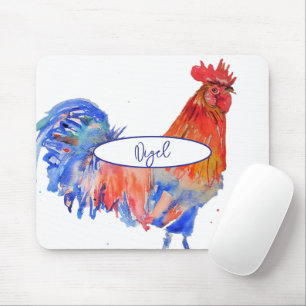 Red Rooster Chicken Watercolour Painting Whimsical Mouse Mat