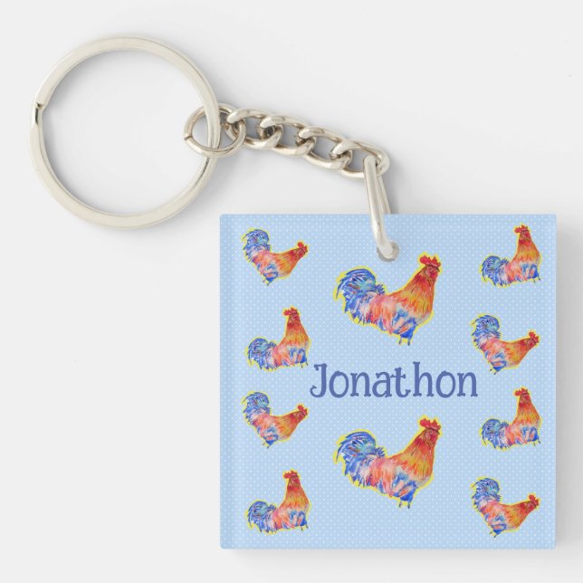 Red Rooster Chickens Boys Happy Birthday Name Key Ring (Front)