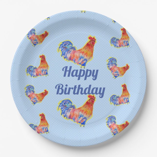 Red Rooster Chickens Boys Happy Birthday Paper Plate (Front)