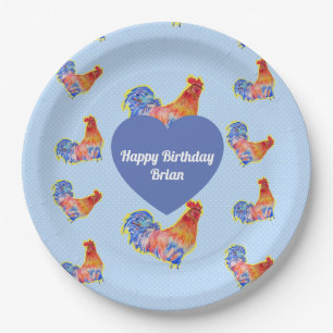 Red Rooster Chickens Boys Happy Birthday Paper Plate