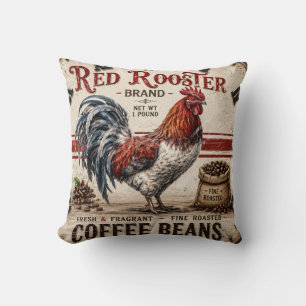 Red Rooster Coffee Beans Rustic Farmhouse Cushion