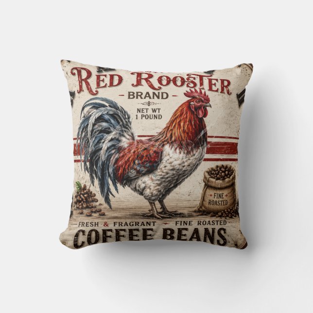 Red Rooster Coffee Beans Rustic Farmhouse Cushion (Front)