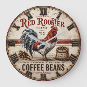Red Rooster Coffee Beans Rustic Farmhouse Large Clock