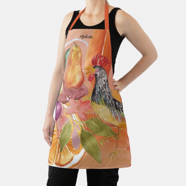 Red Rooster Country Scene Watercolor Hand-painted Apron (Insitu)