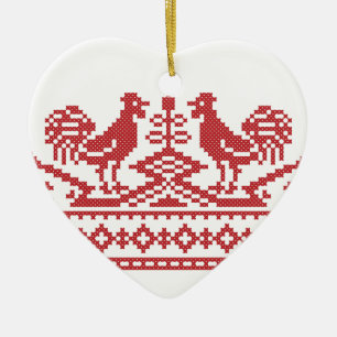 Red Rooster cross-stitch Ceramic Tree Decoration