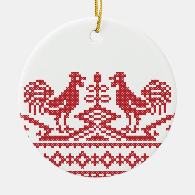 Red Rooster cross-stitch Ceramic Tree Decoration (Front)