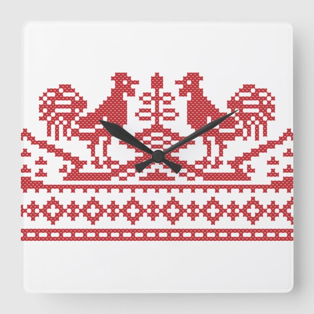 Red Rooster cross-stitch Square Wall Clock (Front)