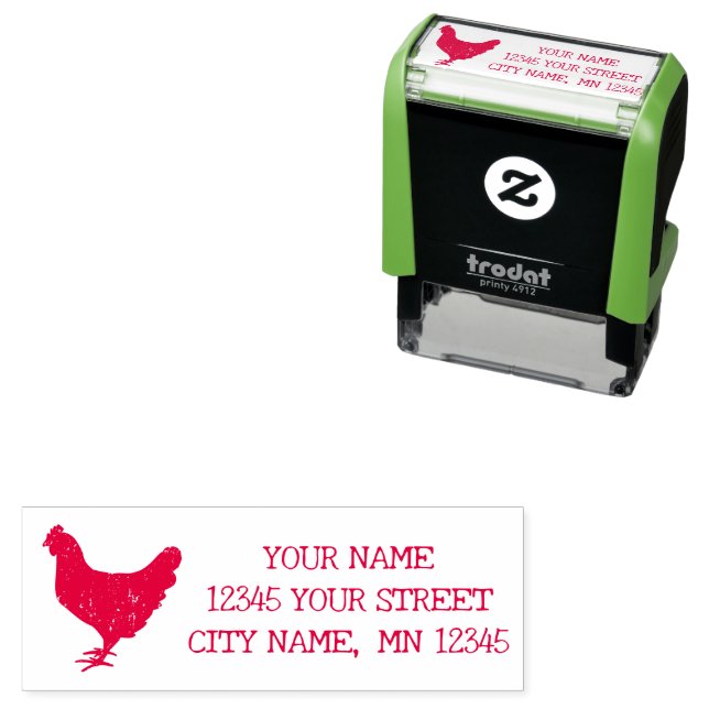 Red rooster farm animal silhouette custom address self-inking stamp (In Situ)