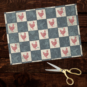 Red Rooster on Gray Black Checkerboard Farmhouse Tissue Paper