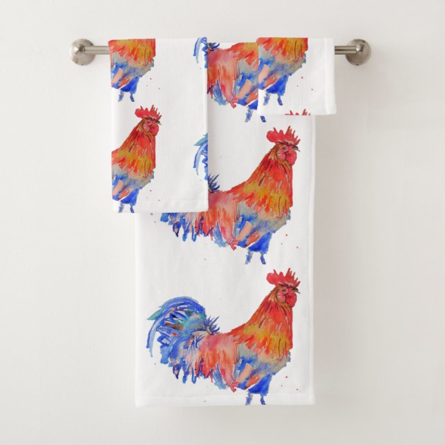 Red Rooster Roosters Chicken Blue Bird Boys Mens  Bath Towel Set (Insitu)