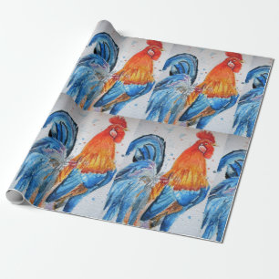 Red Rooster roosters chicken Watercolor Wrapping Paper