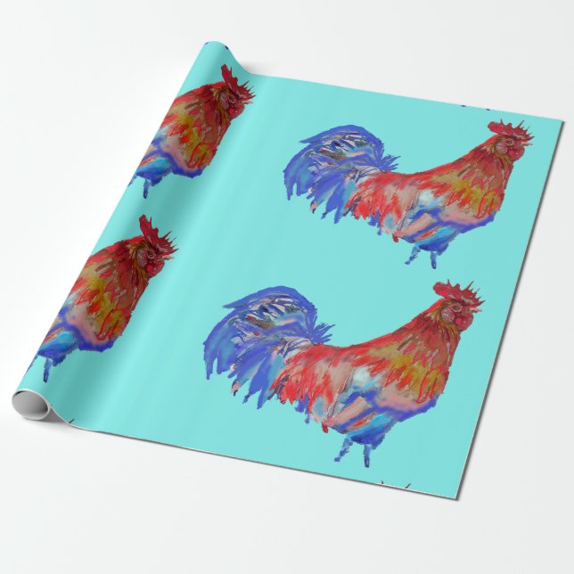 Red Rooster roosters chicken Watercolor Wrapping Wrapping Paper (Unrolled)