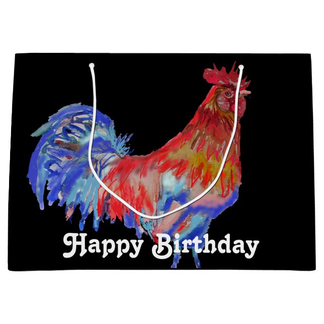 Red Rooster Watercolor Mans Birthday Black Large Gift Bag (Front)