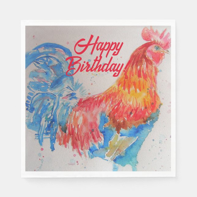 Red Rooster Watercolor Painting Art Birthday Napkin (Front)