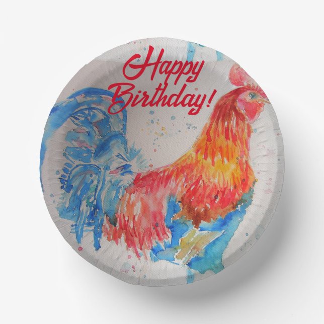Red Rooster Watercolor Painting Art Birthday Paper Plate (Front)