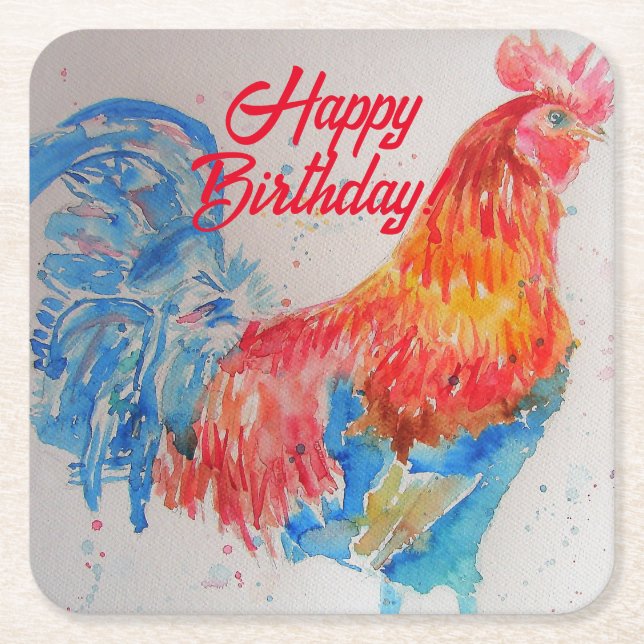 Red Rooster Watercolor Painting Art Birthday Square Paper Coaster (Front)