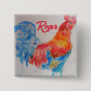 Red Rooster Watercolor Painting Art Chicken 15 Cm Square Badge
