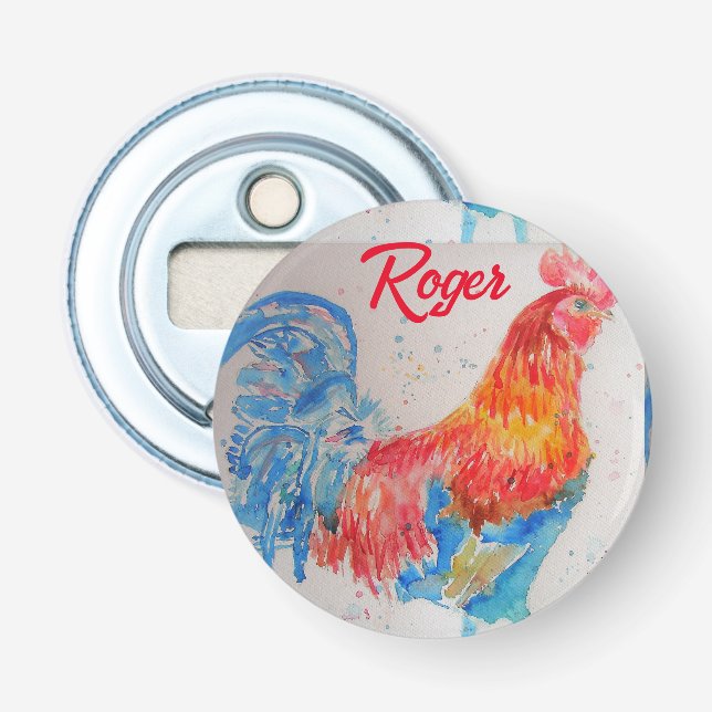 Red Rooster Watercolor Painting Art Chicken Bottle Opener (Front)
