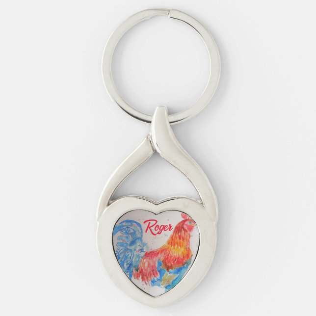 Red Rooster Watercolor Painting Art Chicken Key Ring (Front)