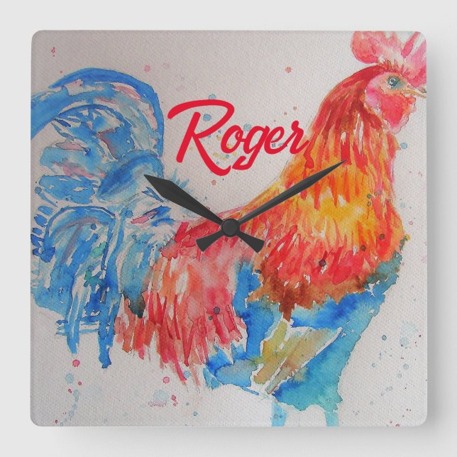 Red Rooster Watercolor Painting Art Chicken Square Wall Clock (Front)