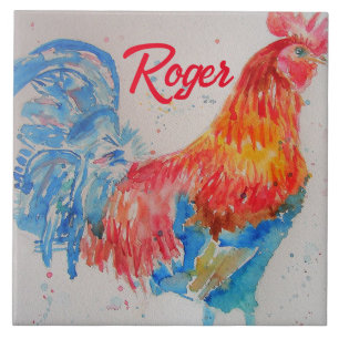 Red Rooster Watercolor Painting Art Chicken Tile