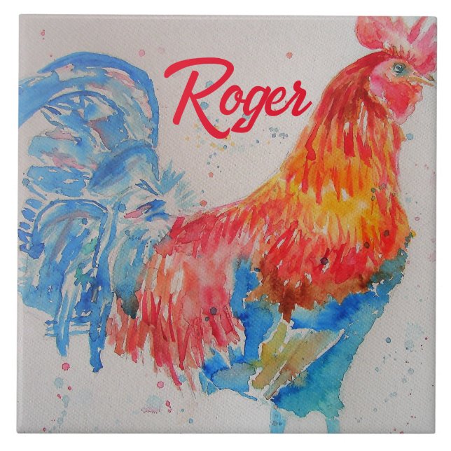 Red Rooster Watercolor Painting Art Chicken Tile (Front)