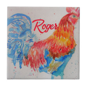 Red Rooster Watercolor Painting Art Chicken Tile