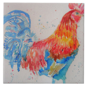 Red Rooster Watercolor Painting Art Chicken Tile
