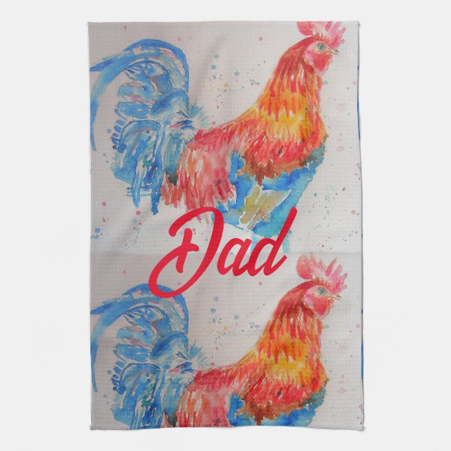 Red Rooster Watercolor Painting Fathers Day Dad Tea Towel (Vertical)