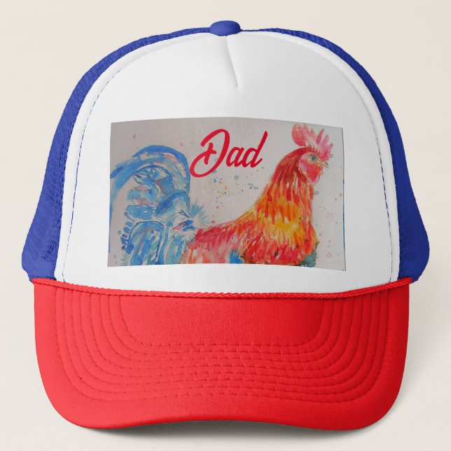 Red Rooster Watercolor Painting Fathers Day Dad Trucker Hat (Front)