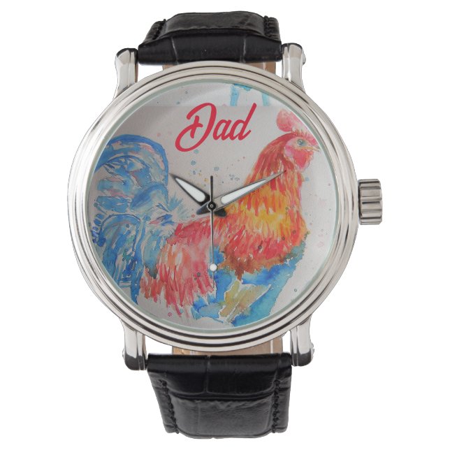 Red Rooster Watercolor Painting Fathers Day Dad Watch (Front)