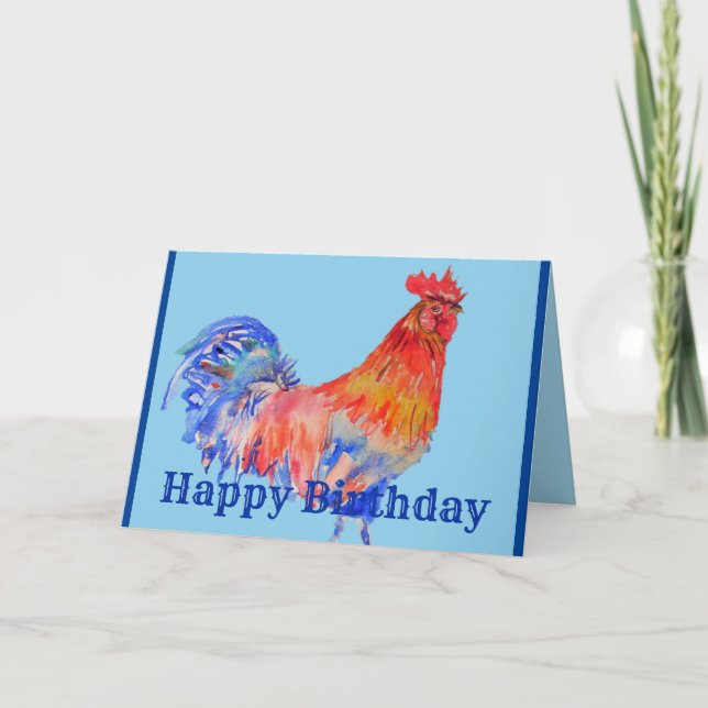 Red Rooster Watercolor Painting Mens Birthday Card (Front)