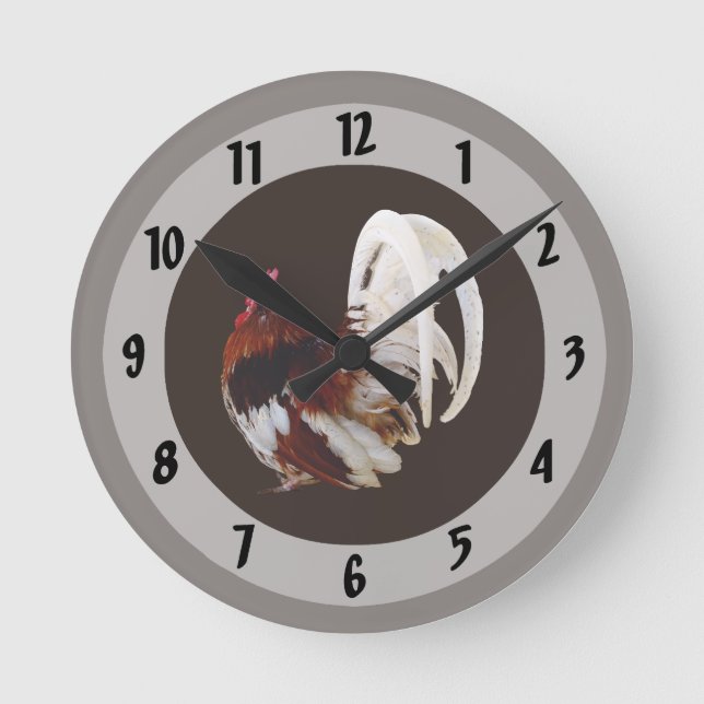 Red Rooster With White Tail Feathers Round Clock (Front)