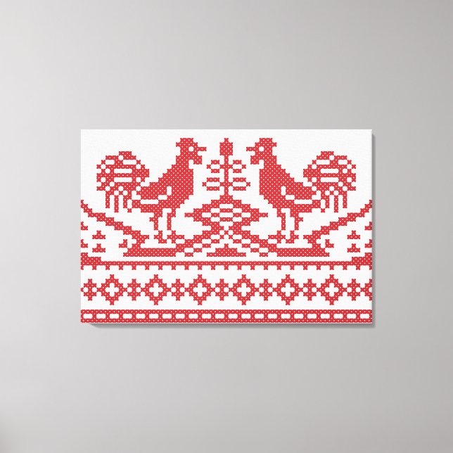 Red Roosters cross-stitch Russian Pattern Canvas Print (Front)