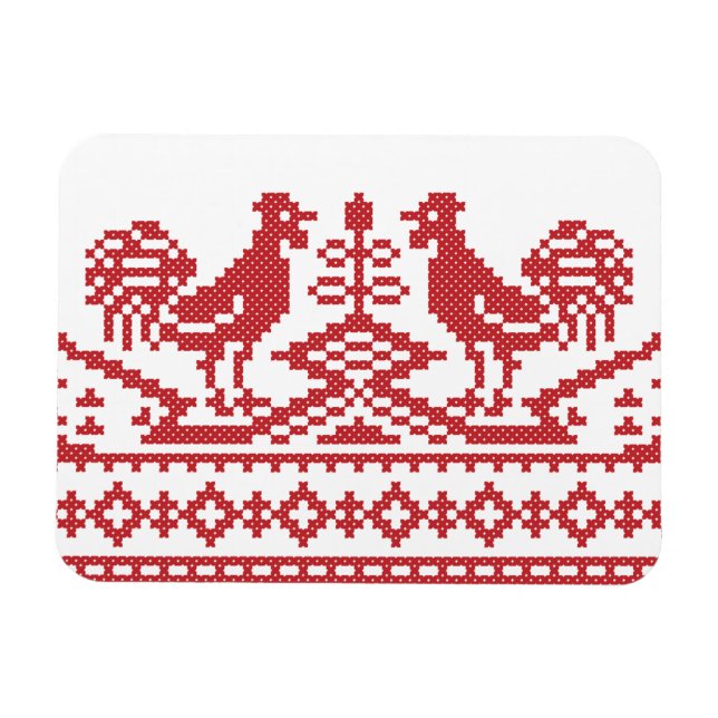 Red Roosters cross-stitch Russian Pattern Magnet (Horizontal)