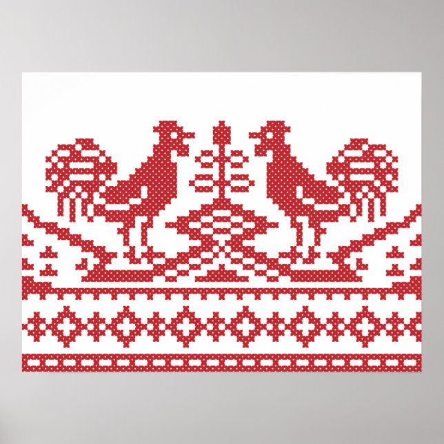 Red Roosters cross-stitch Russian Pattern Poster (Front)