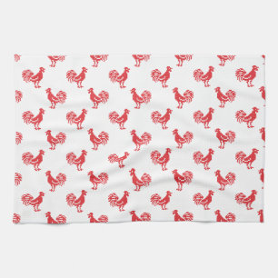 Red Roosters seamless pattern Tea Towel