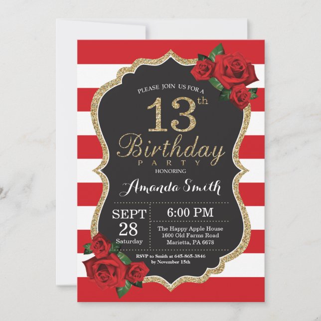 Red Rose 13th Birthday Invitation Gold Glitter (Front)